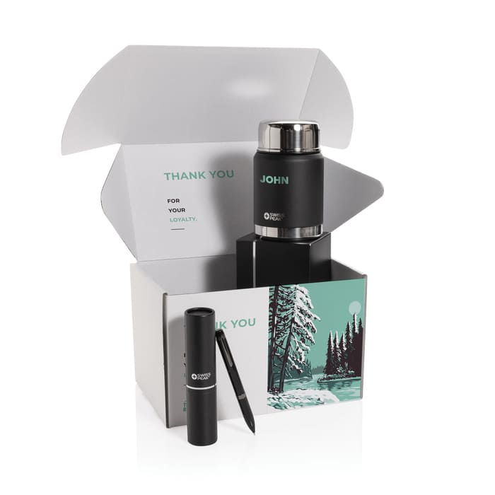 Pack de agradecimiento corporativo con caja temática de invierno, termo metálico negro y set de escritura elegante