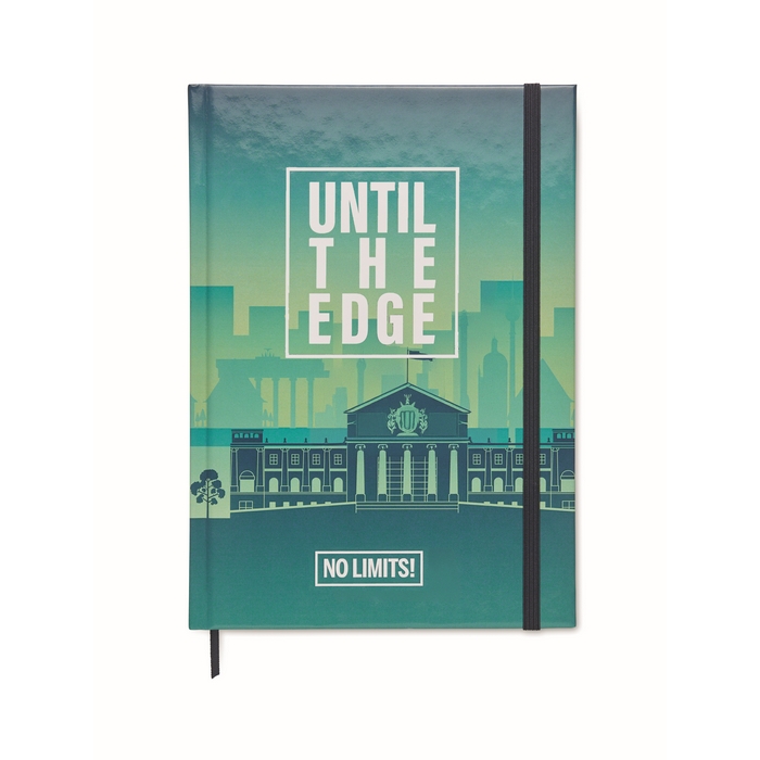 Libreta de tapa dura de papel A5 con las hojas impresas con su diseño. personalizado con logo