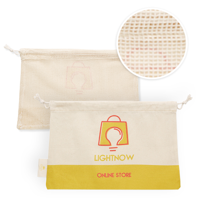 Bolsa para alimentos de algodón con malla a un lado (30x20cm). Certificado contacto alimentos. personalizado con logo