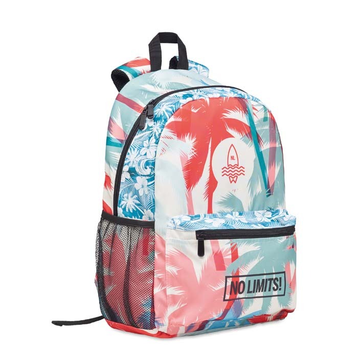 Mochila de poliéster impresa en toda la superficie personalizado con logo