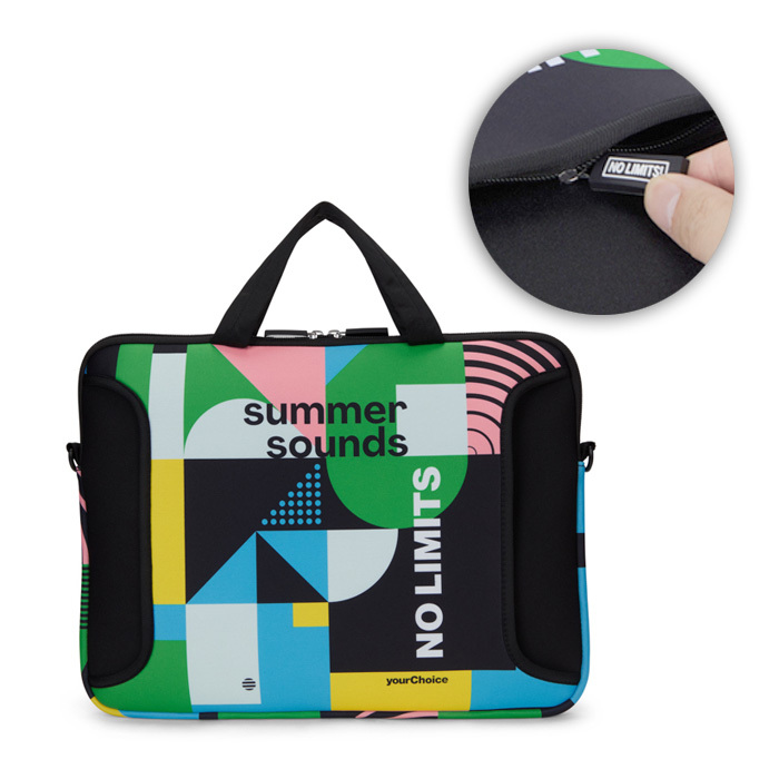 Funda de neopreno sublimado para portátil con cremallera y bolsillo frontal. personalizado con logo