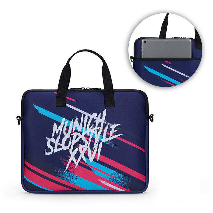 Funda de neopreno sublimado para portátil con cremallera y bolsillo trasero. personalizado con logo