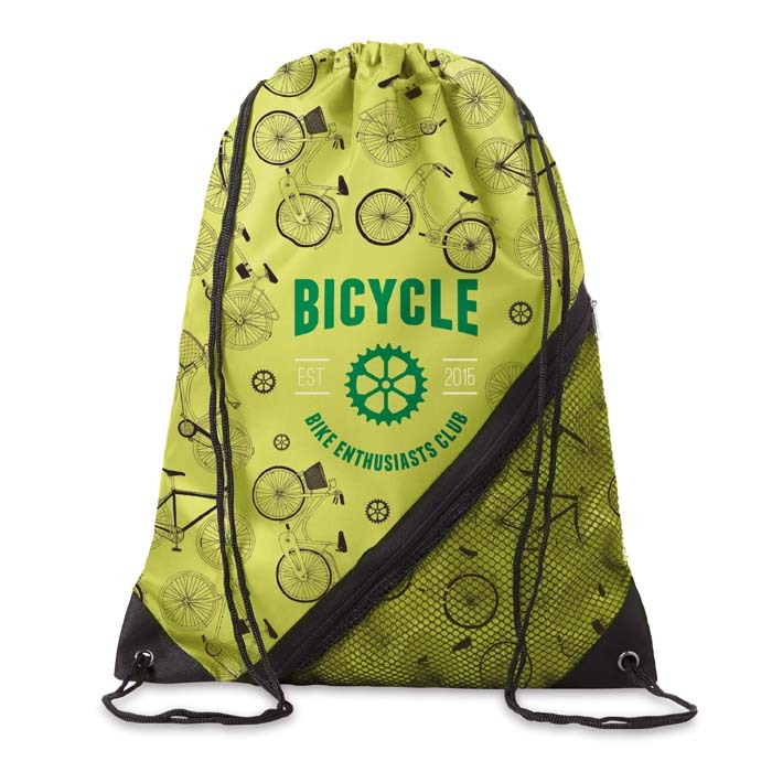 Mochila de cuerdas de poliéster 210D con bolsillo de malla con cremallera personalizado con logo
