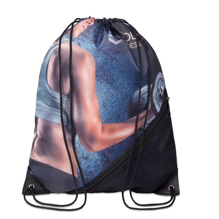 Mochila de cuerdas de RPET con bolsillo de malla con cremallera personalizado con logo