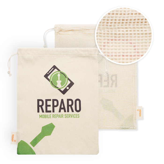 Bolsa para alimentos de algodón con malla a un lado (30x35cm). Certificado contacto alimentos. personalizado con logo