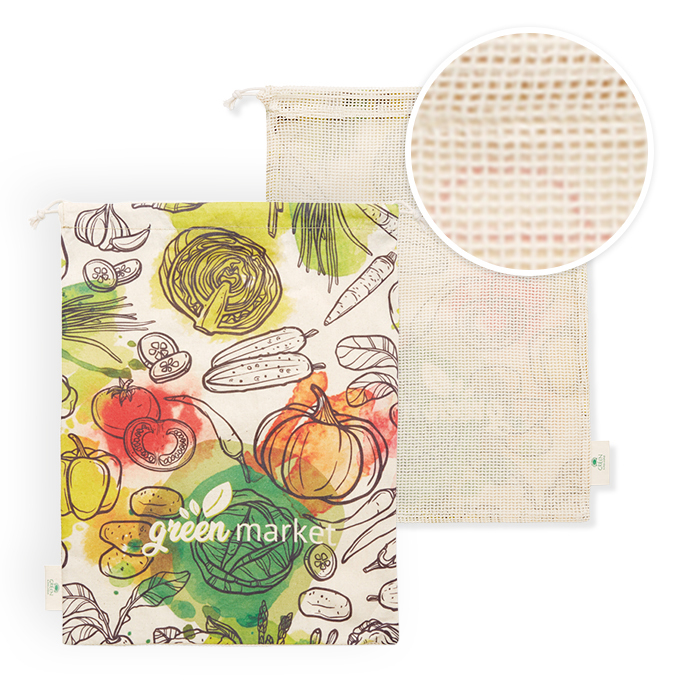 Bolsa para alimentos de algodón con malla a un lado (30x40cm). Certificado contacto alimentos. personalizado con logo