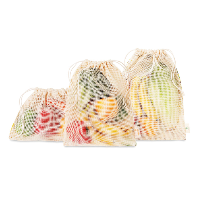 Set de 3 bolsas para alimentos de algodón con malla a un lado. Certificado contacto alimentos. personalizado con logo