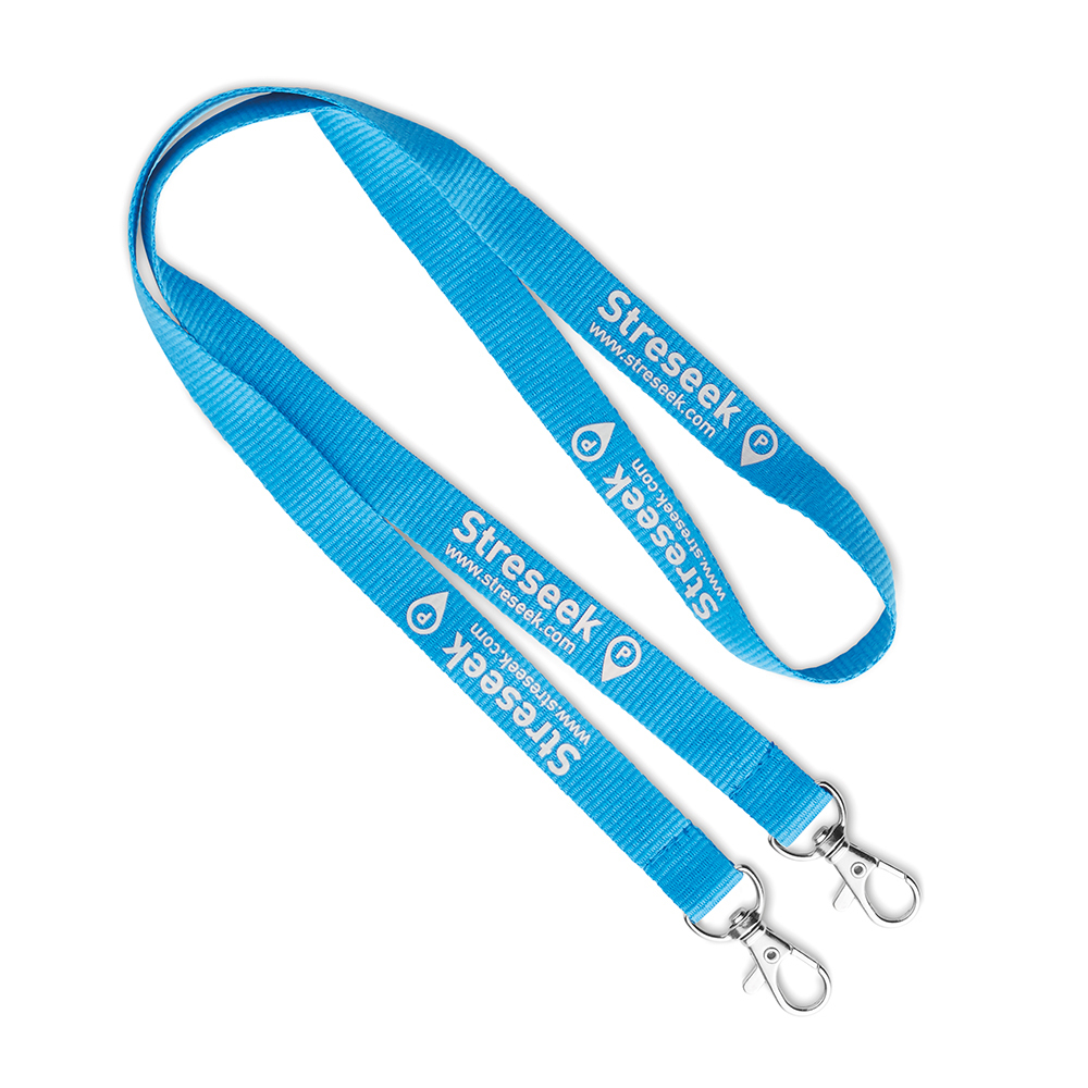 Lanyard de poliéster con serigrafía en color pantone con 2 clips. personalizado con logo