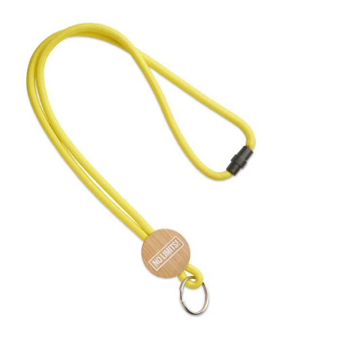 Lanyard de cordón de poliéster con detalle de bambú circular e impreso o grabado. personalizado con logo