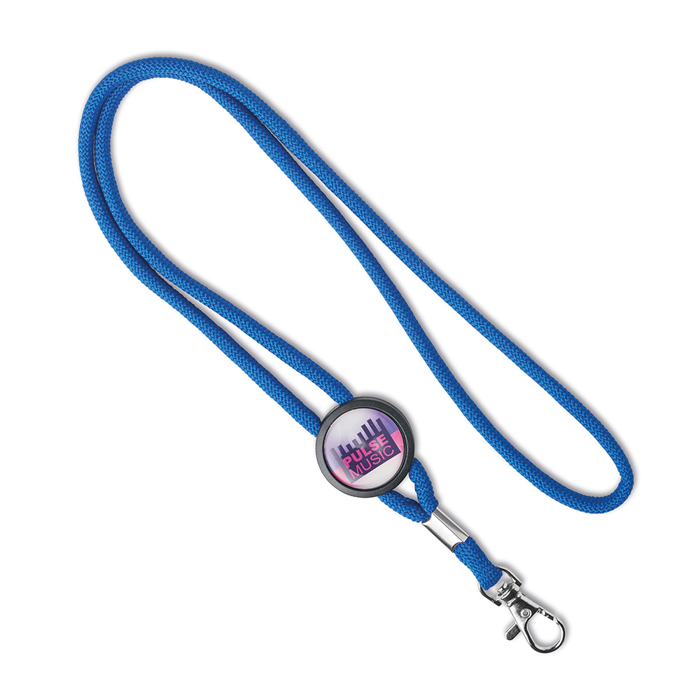 Lanyard cilíndrico con pieza circular deslizante impresa con gota de resina personalizado con logo