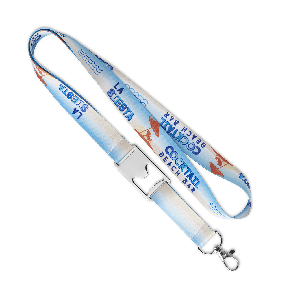 Lanyard de poliéster sublimado con abrebotellas. personalizado con logo
