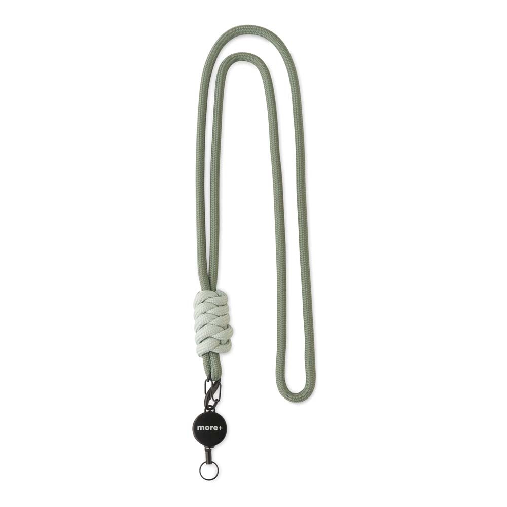 Cordón de color en contraste para credenciales con carrete de metal y nudo personalizado con logo