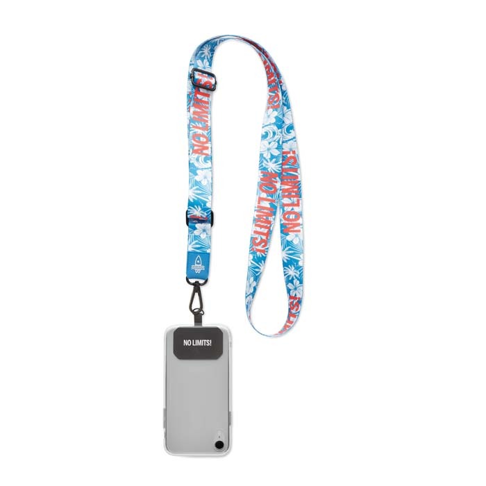 Portateléfono cruzado de cinta sublimada y ajustable, con detalle con tu logotipo en PVC. A partir de 100 unidades. personalizado con logo