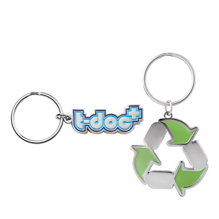 Llavero de aleación de zinc reciclado con forma personalizada y diseño de logotipo en esmalte suave. personalizado con logo