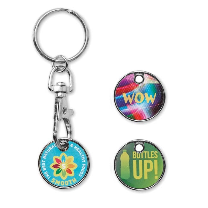 Llavero con moneda para carrito con lámina de aluminio a todo color personalizado con logo