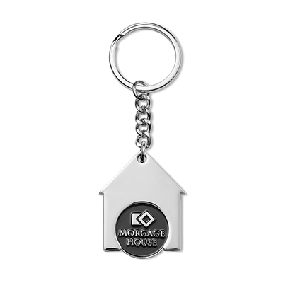 Llavero en forma de casa con moneda para carrito con tu diseño en esmalte suave personalizado con logo