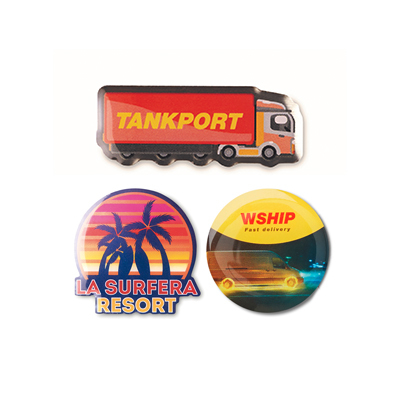 Pin de acero inoxidable con forma personalizada y doming a todo color personalizado con logo