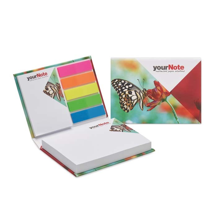 Bloc de notas de tapa dura de papel con su diseño en cada nota adhesiva. personalizado con logo