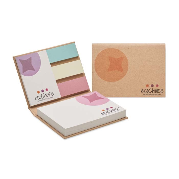 Bloc de notas de tapa dura de papel reciclado con su diseño en cada nota adhesiva. personalizado con logo