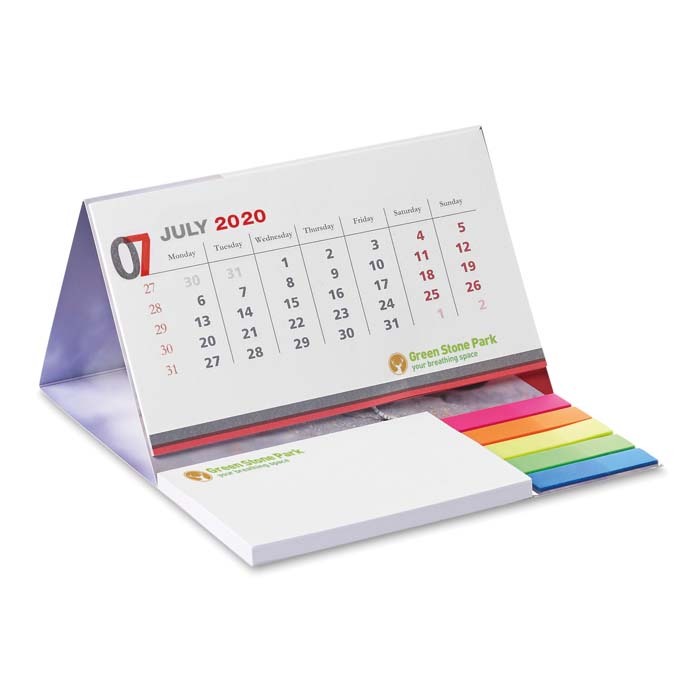 Calendario de sobremesa con tapa blanda, rotuladores y bloc de notas. personalizado con logo