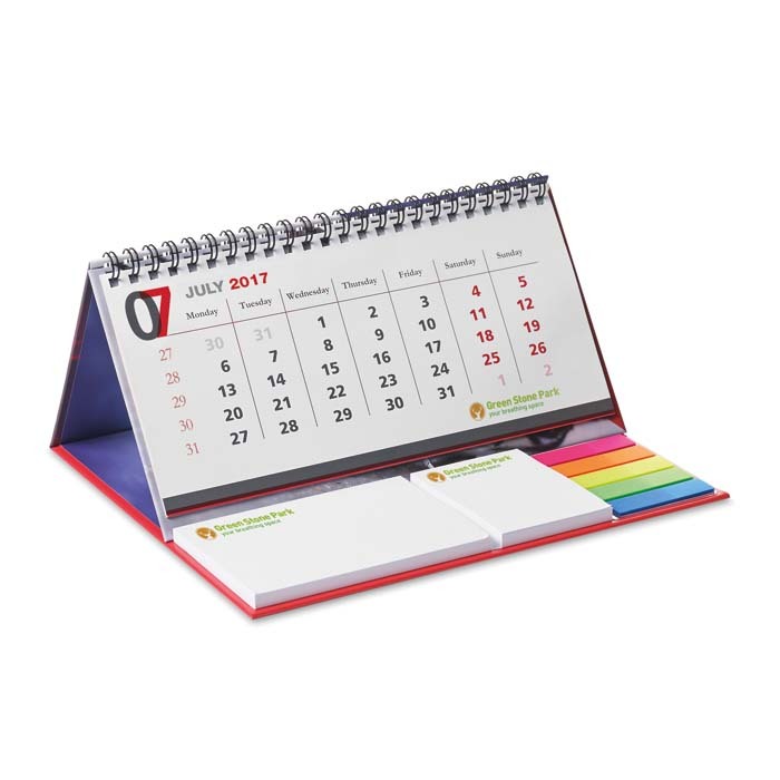 Calendario de sobremesa con tapa dura, marcadores y bloc de notas. personalizado con logo