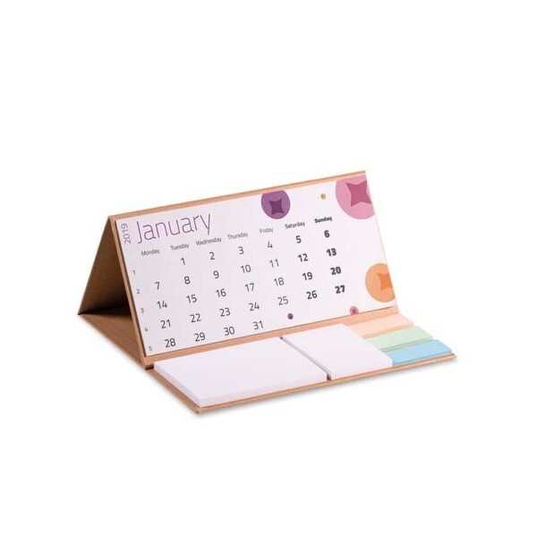 Calendario de sobremesa con tapa dura de papel reciclado y bloc de notas. personalizado con logo