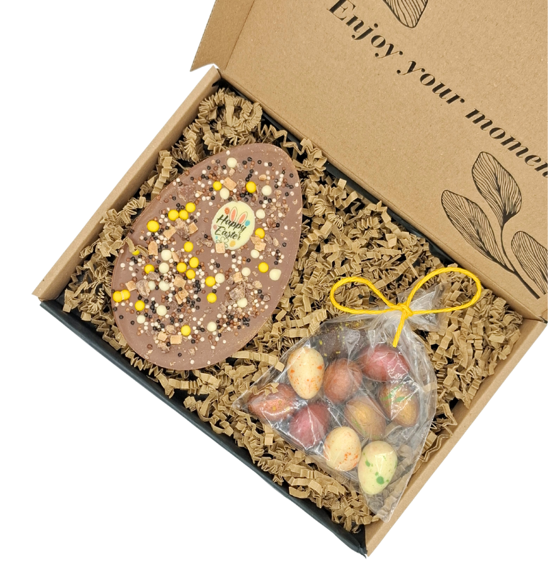 Huevo de Pascua XL de chocolate belga con caja de regalo de huevos de Pascua de colores personalizado con logo
