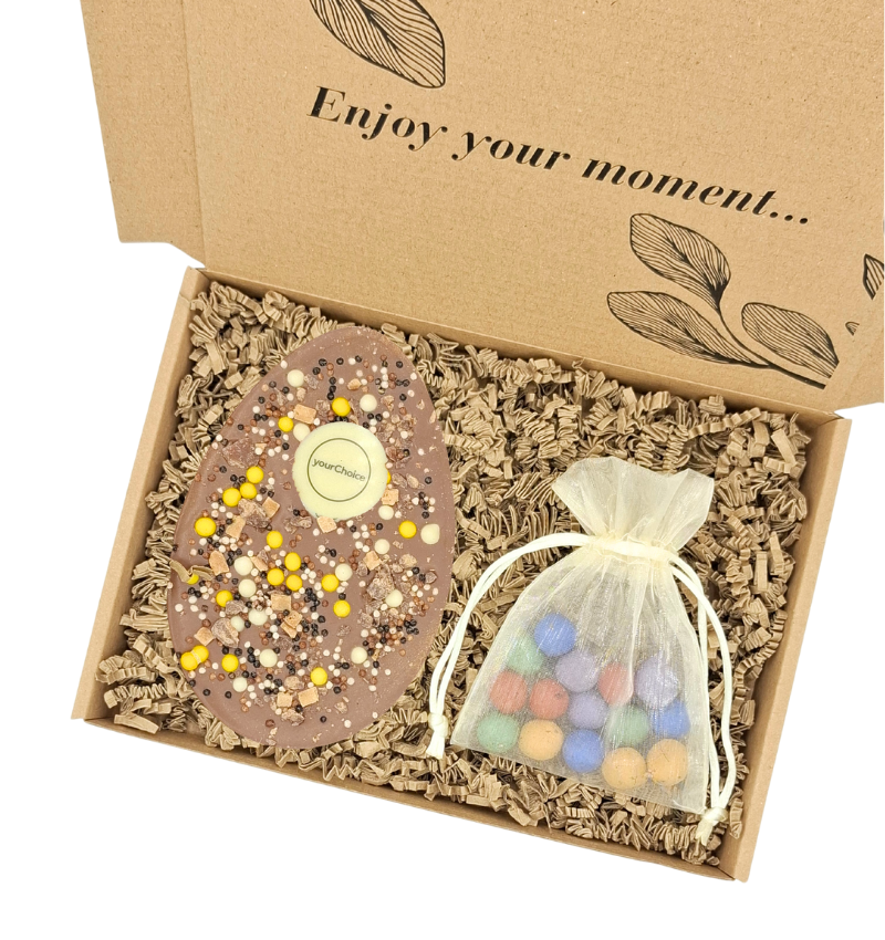 Caja de regalo XL con huevos de Pascua de chocolate belga y bombas de semillas de colores personalizado con logo