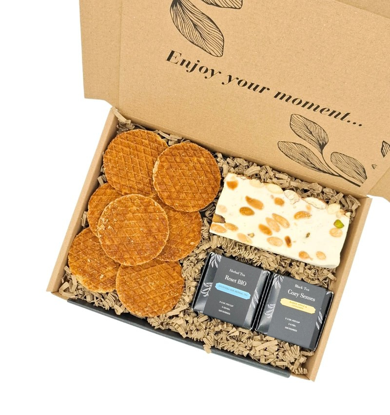 Caja de regalo de waffles con sirope holandés, que incluye un turrón y variedades de tés Zen. personalizado con logo