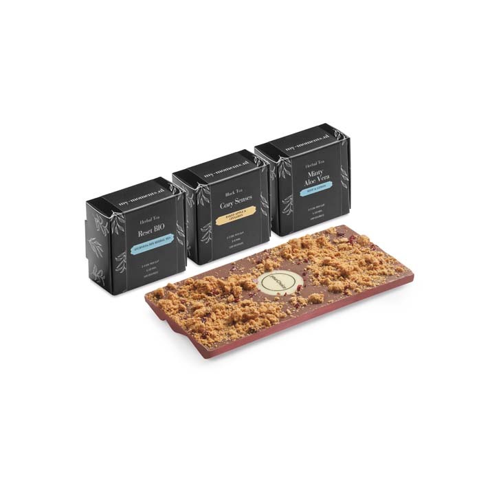 Caja de regalo con 3 tés Zen y una barra de chocolate belga personalizado con logo