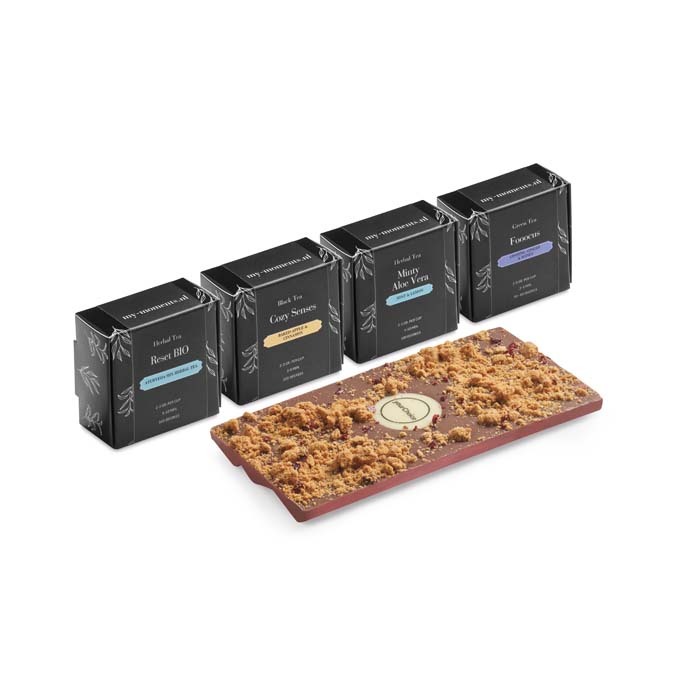 Caja de regalo con 4 tés Zen y una barra de chocolate belga personalizado con logo