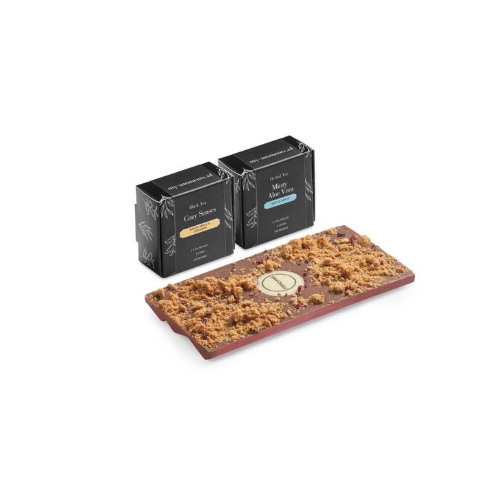 Caja de regalo con 2 tés Zen y una barra de chocolate. personalizado con logo