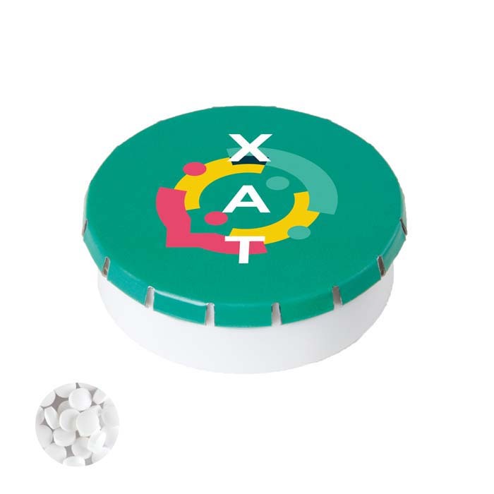 Envase de plástico y tapa de lata con caramelos de menta sin azúcar personalizado con logo