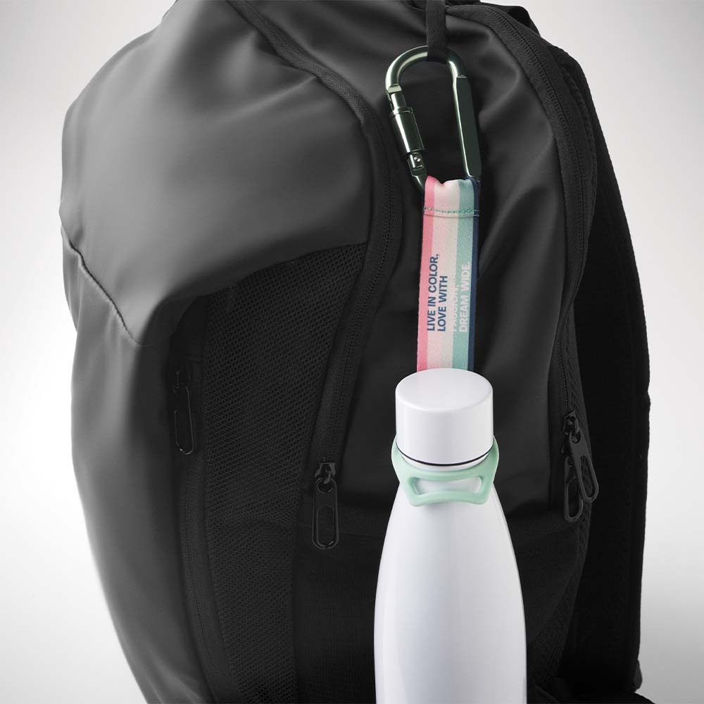 Porta botellas de agua mineral sublimado con mosquetón personalizado con logo